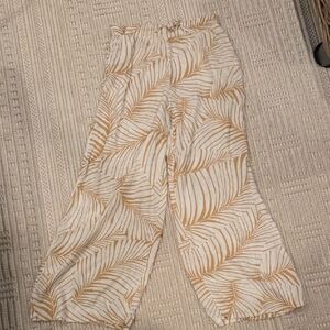 Roxy Cream and Tan Palm Leaf Print Wide Leg Pants EUC